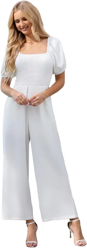 Love Welove Fashion Jumpsuits for Women Dressy Short Sleeve Smocked High Waist Wide Leg Pants Loose Romper Outfits