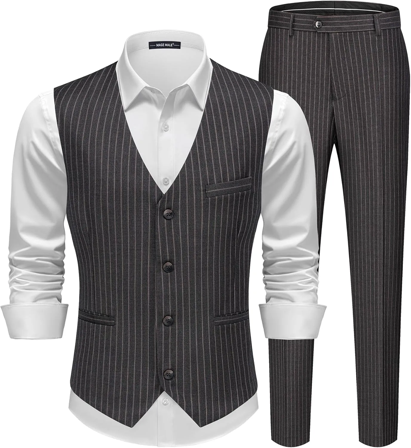 MAGE MALE Men's Pinstripe Suit 2 Piece Vest and Pants Set Wedding Groomsmen Summer Slim Fit Formal Prom Tuxedo