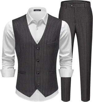 MAGE MALE Men's Pinstripe Suit 2 Piece Vest and Pants Set Wedding Groomsmen Summer Slim Fit Formal Prom Tuxedo