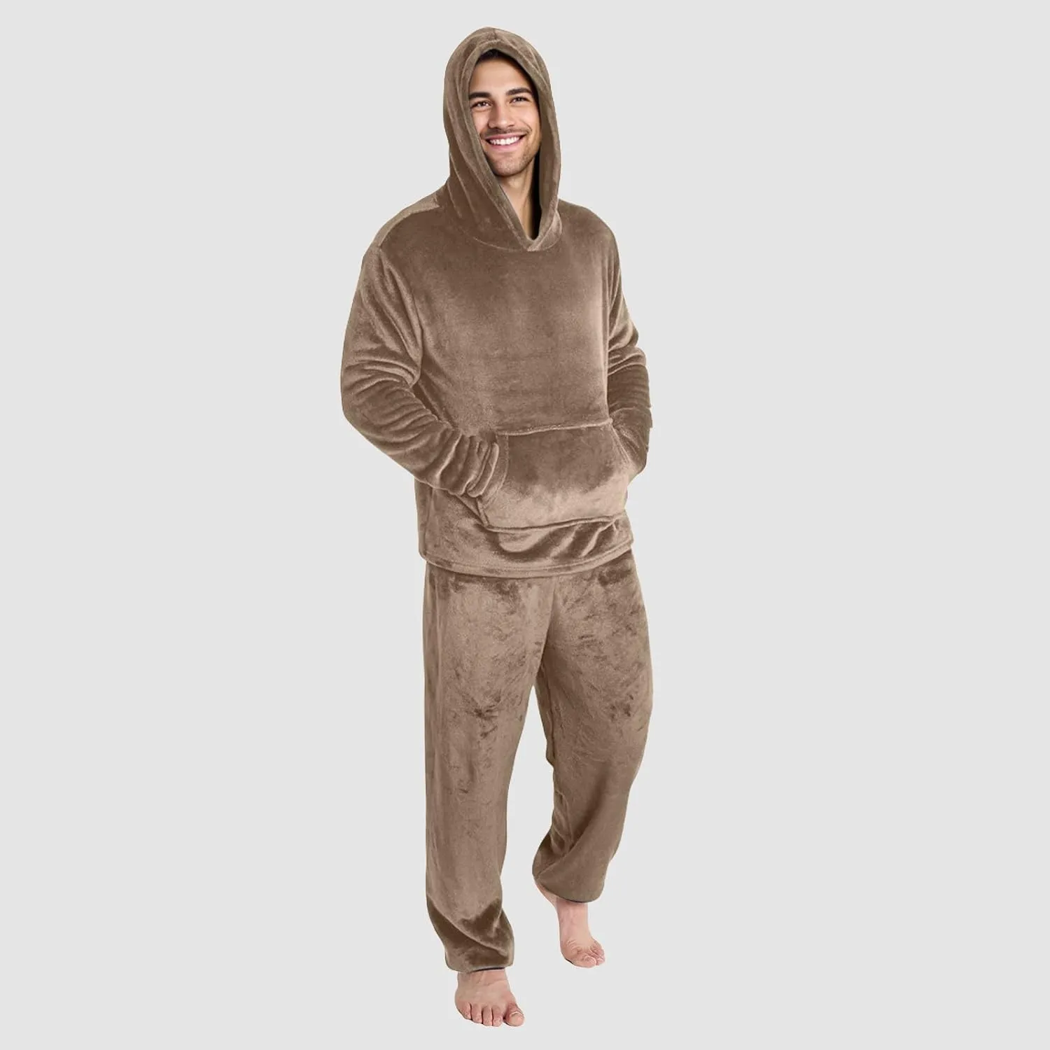 Men Pajama Set 2Pc Fleece Lounge Pants Hooded Long Sleeve Sleepwear Fuzzy Soft Pjs Set Loungewear with Pockets