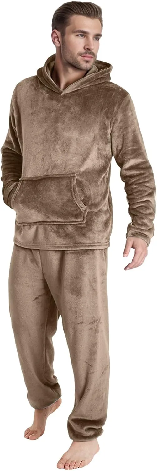Men Pajama Set 2Pc Fleece Lounge Pants Hooded Long Sleeve Sleepwear Fuzzy Soft Pjs Set Loungewear with Pockets