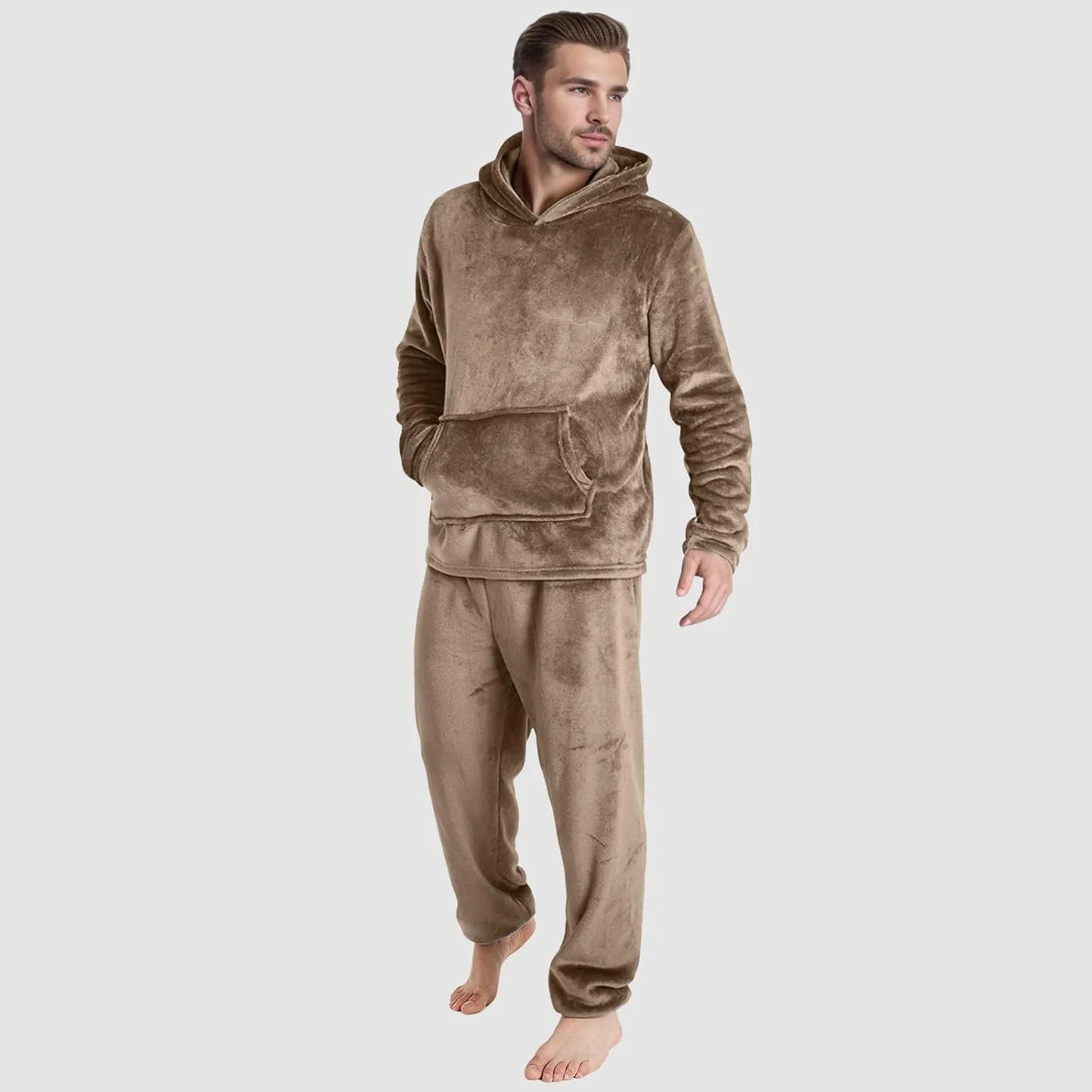 Men Pajama Set 2Pc Fleece Lounge Pants Hooded Long Sleeve Sleepwear Fuzzy Soft Pjs Set Loungewear with Pockets