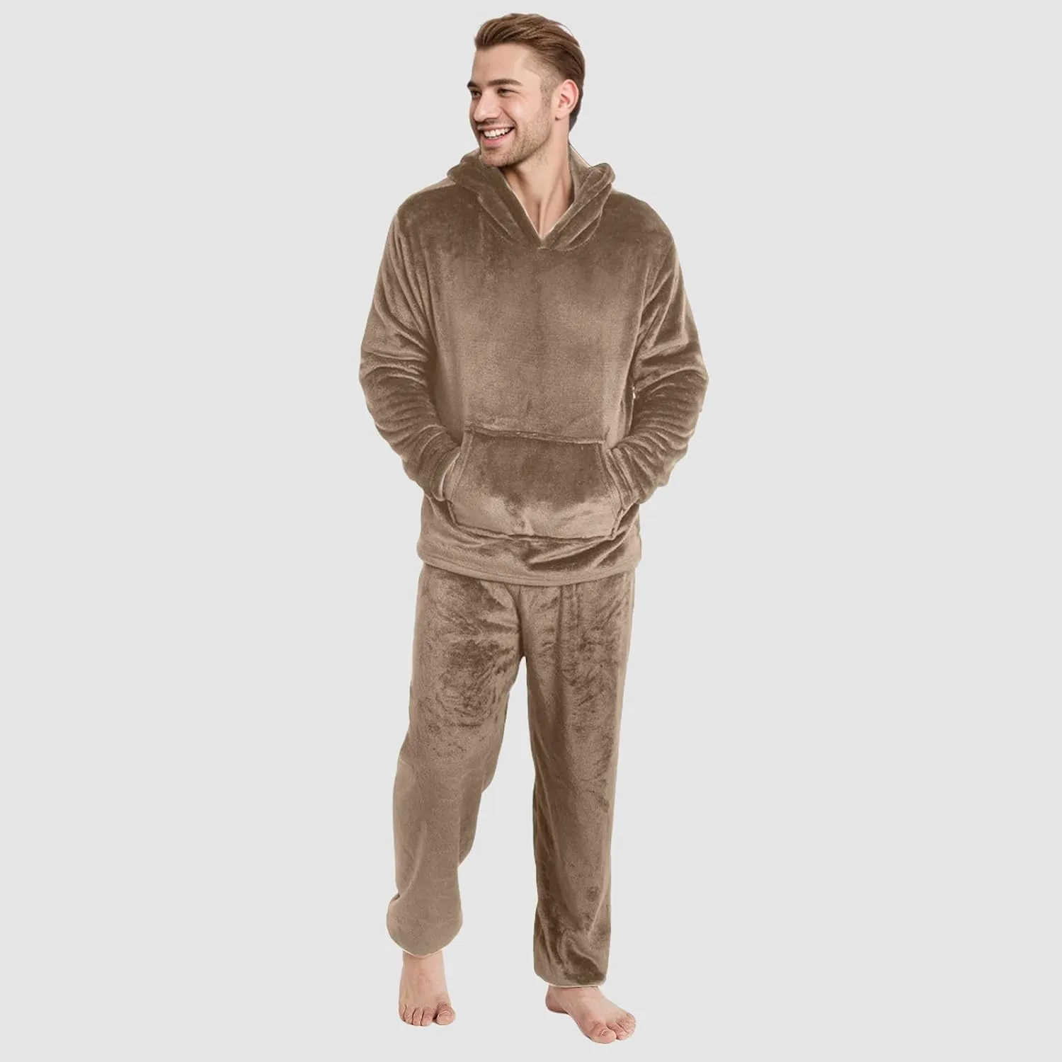Men Pajama Set 2Pc Fleece Lounge Pants Hooded Long Sleeve Sleepwear Fuzzy Soft Pjs Set Loungewear with Pockets