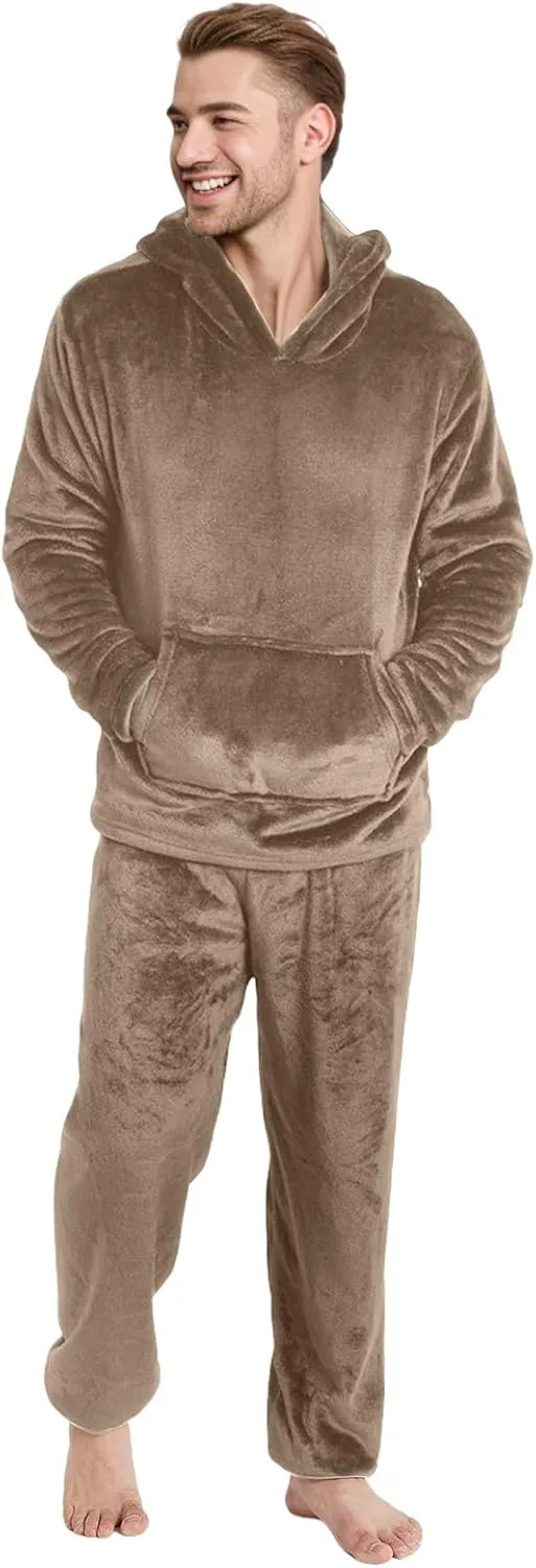 Men Pajama Set 2Pc Fleece Lounge Pants Hooded Long Sleeve Sleepwear Fuzzy Soft Pjs Set Loungewear with Pockets