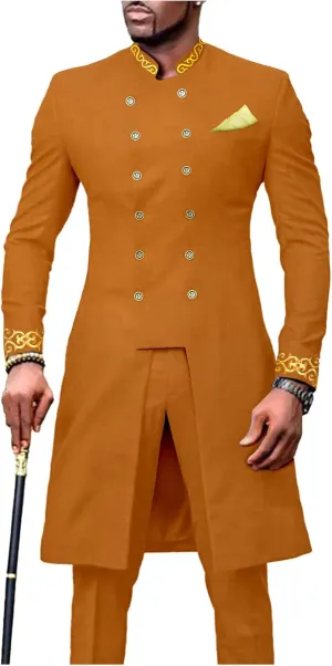 Men`s Suit African Clothing Dashiki Embroidery Jacket and Pants 2 Piece Set Dashiki Outwear Kerchief for Wedding