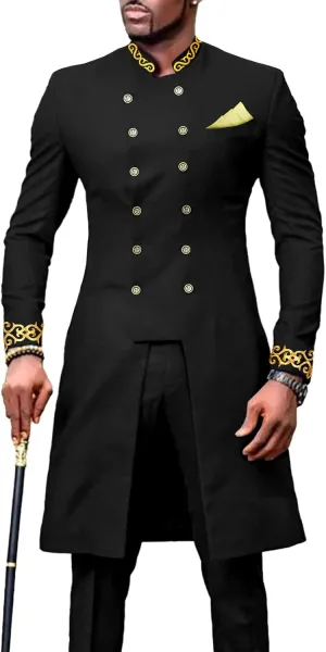 Men`s Suit African Clothing Dashiki Embroidery Jacket and Pants 2 Piece Set Dashiki Outwear Kerchief for Wedding