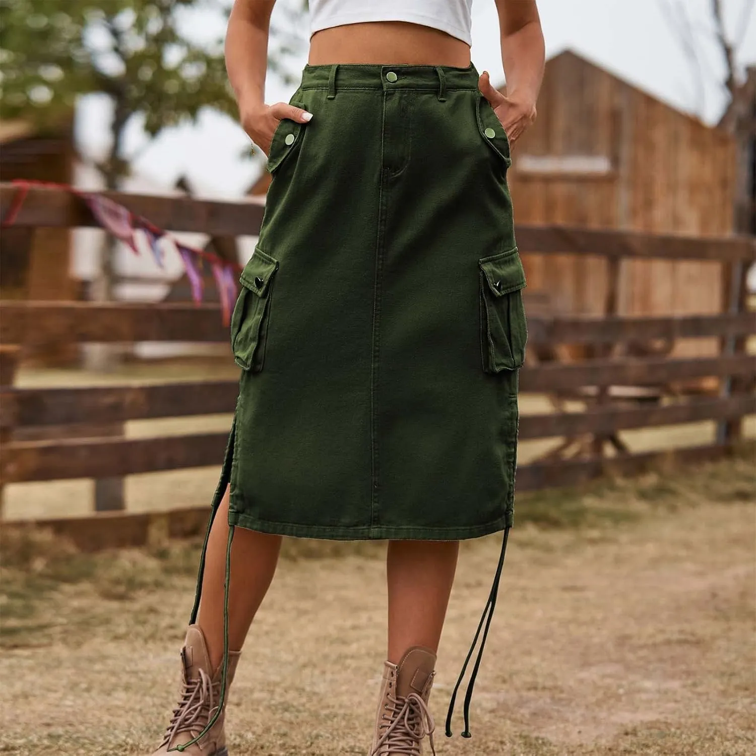 Midi Denim Skirt High Waisted Casual Stretch Knee Length Jean Skirt for Womens Pencil Jean Skirt A-Line Denim Skirts