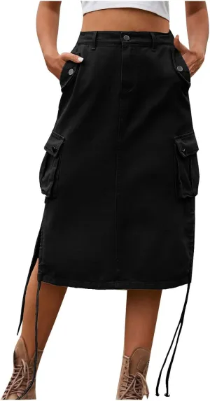 Midi Denim Skirt High Waisted Casual Stretch Knee Length Jean Skirt for Womens Pencil Jean Skirt A-Line Denim Skirts