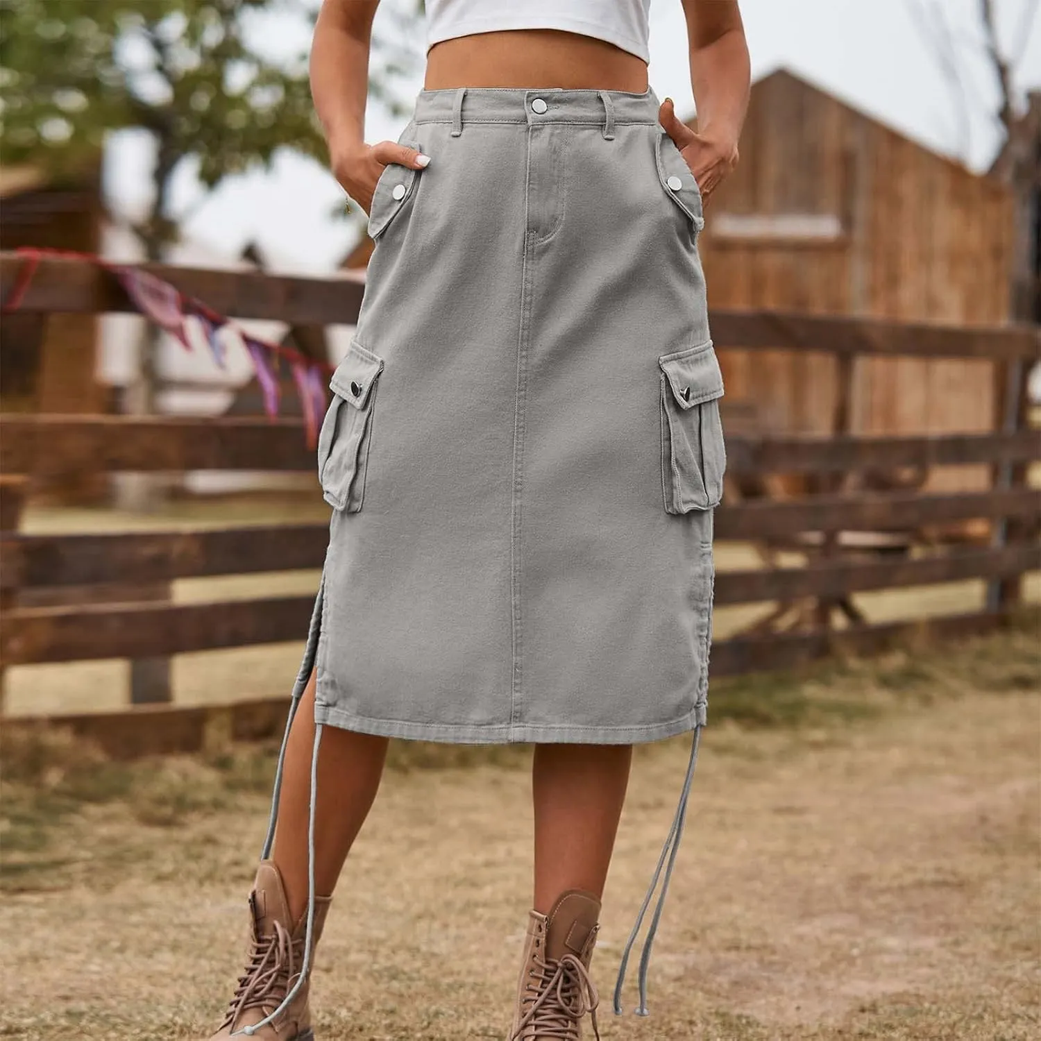 Midi Denim Skirt High Waisted Casual Stretch Knee Length Jean Skirt for Womens Pencil Jean Skirt A-Line Denim Skirts