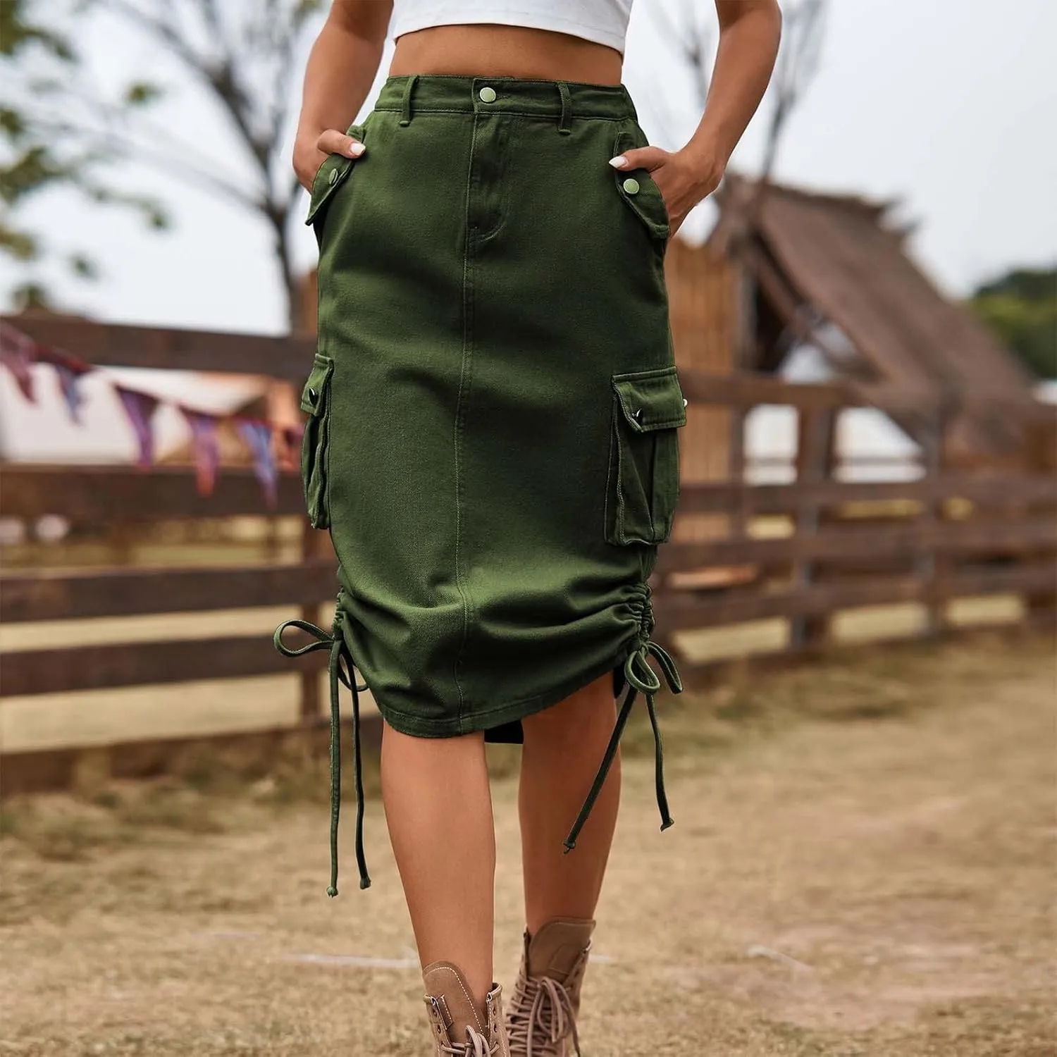 Midi Denim Skirt High Waisted Casual Stretch Knee Length Jean Skirt for Womens Pencil Jean Skirt A-Line Denim Skirts