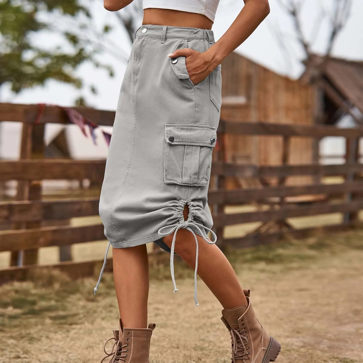 Midi Denim Skirt High Waisted Casual Stretch Knee Length Jean Skirt for Womens Pencil Jean Skirt A-Line Denim Skirts