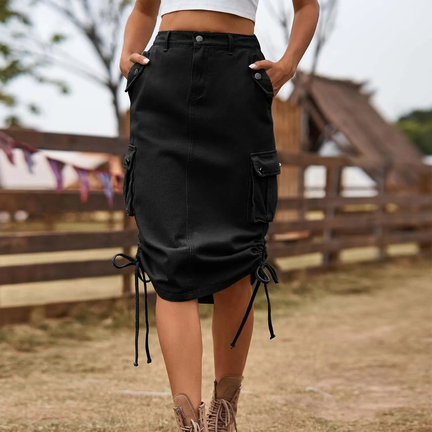 Midi Denim Skirt High Waisted Casual Stretch Knee Length Jean Skirt for Womens Pencil Jean Skirt A-Line Denim Skirts