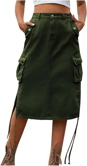 Midi Denim Skirt High Waisted Casual Stretch Knee Length Jean Skirt for Womens Pencil Jean Skirt A-Line Denim Skirts
