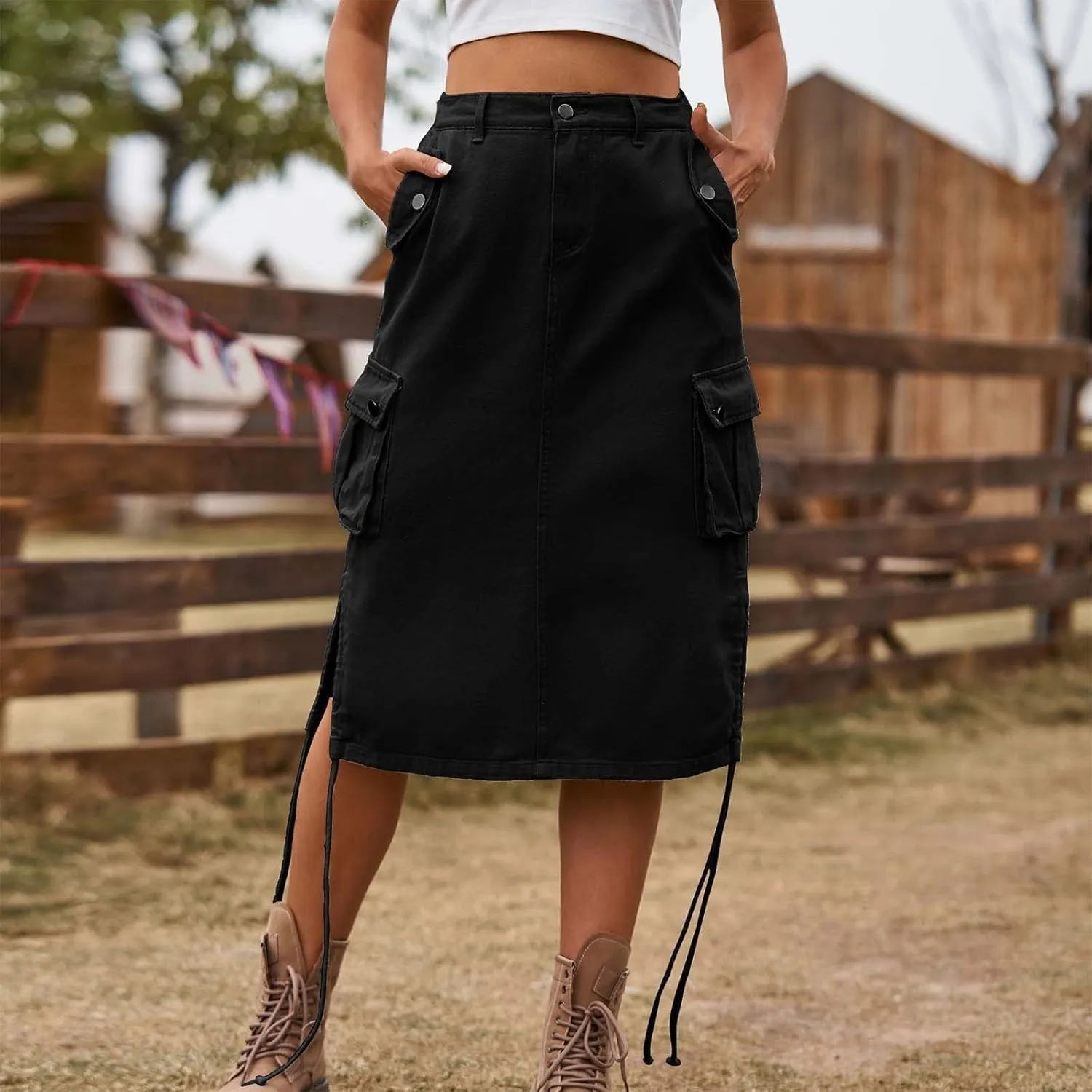 Midi Denim Skirt High Waisted Casual Stretch Knee Length Jean Skirt for Womens Pencil Jean Skirt A-Line Denim Skirts