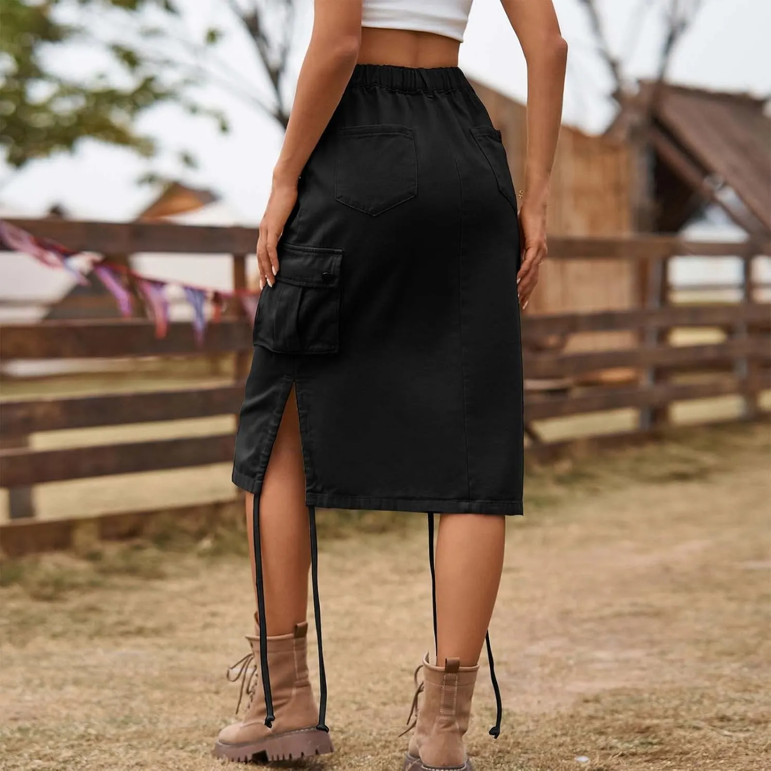 Midi Denim Skirt High Waisted Casual Stretch Knee Length Jean Skirt for Womens Pencil Jean Skirt A-Line Denim Skirts