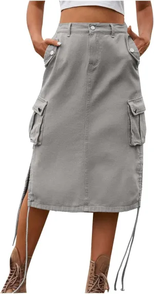 Midi Denim Skirt High Waisted Casual Stretch Knee Length Jean Skirt for Womens Pencil Jean Skirt A-Line Denim Skirts