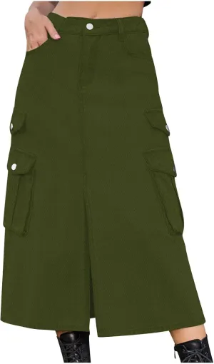 Midi Denim Skirt High Waisted Slit Casual Stretch Knee Length Jean Skirt for Womens Y2K Cargo Skirt with Pockets