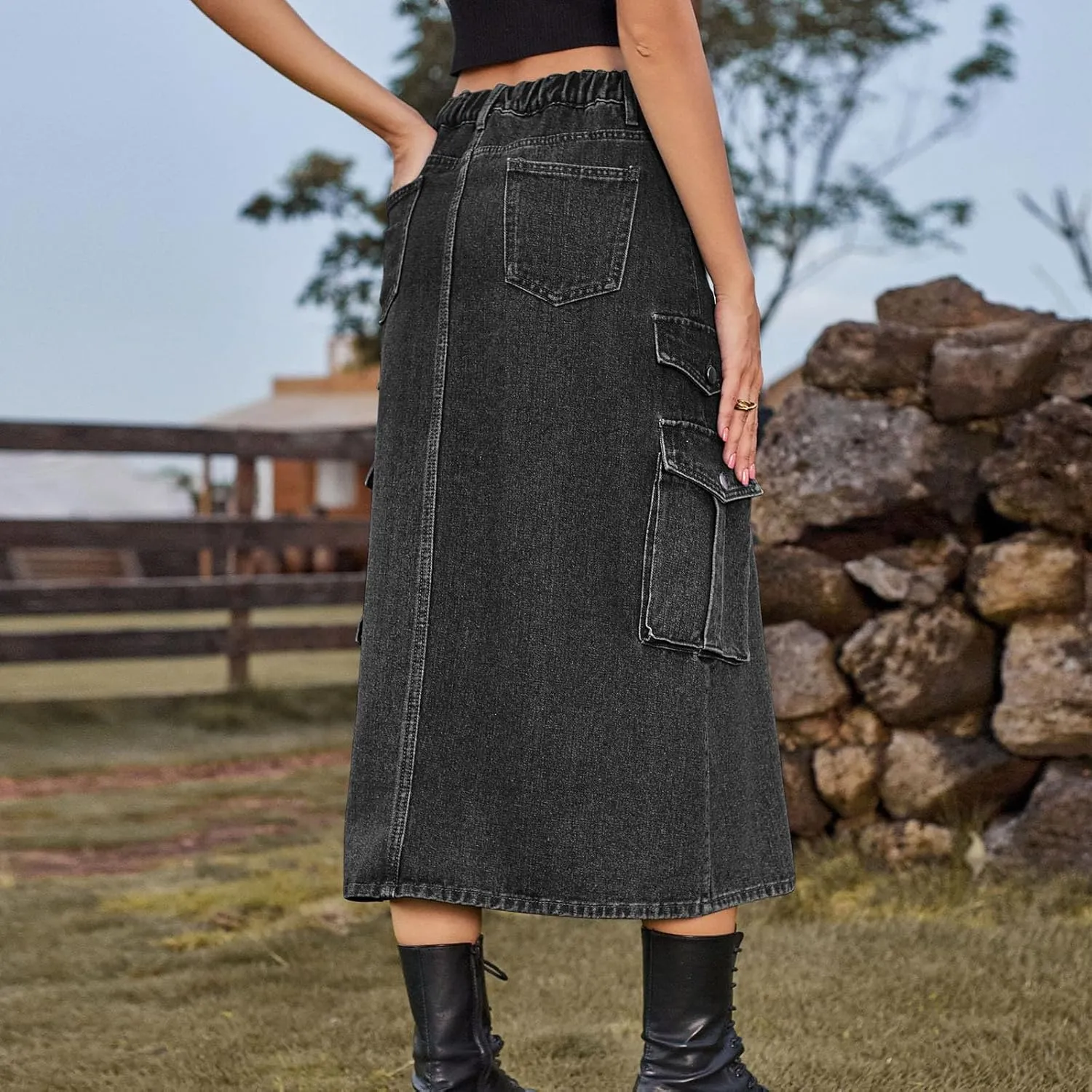 Midi Denim Skirt High Waisted Slit Casual Stretch Knee Length Jean Skirt for Womens Y2K Cargo Skirt with Pockets