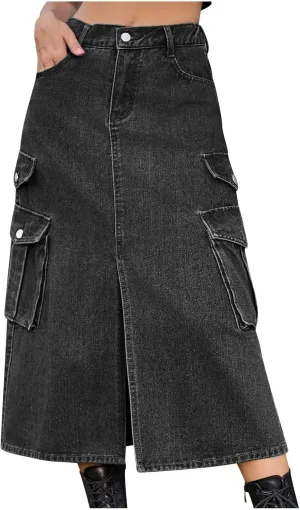 Midi Denim Skirt High Waisted Slit Casual Stretch Knee Length Jean Skirt for Womens Y2K Cargo Skirt with Pockets