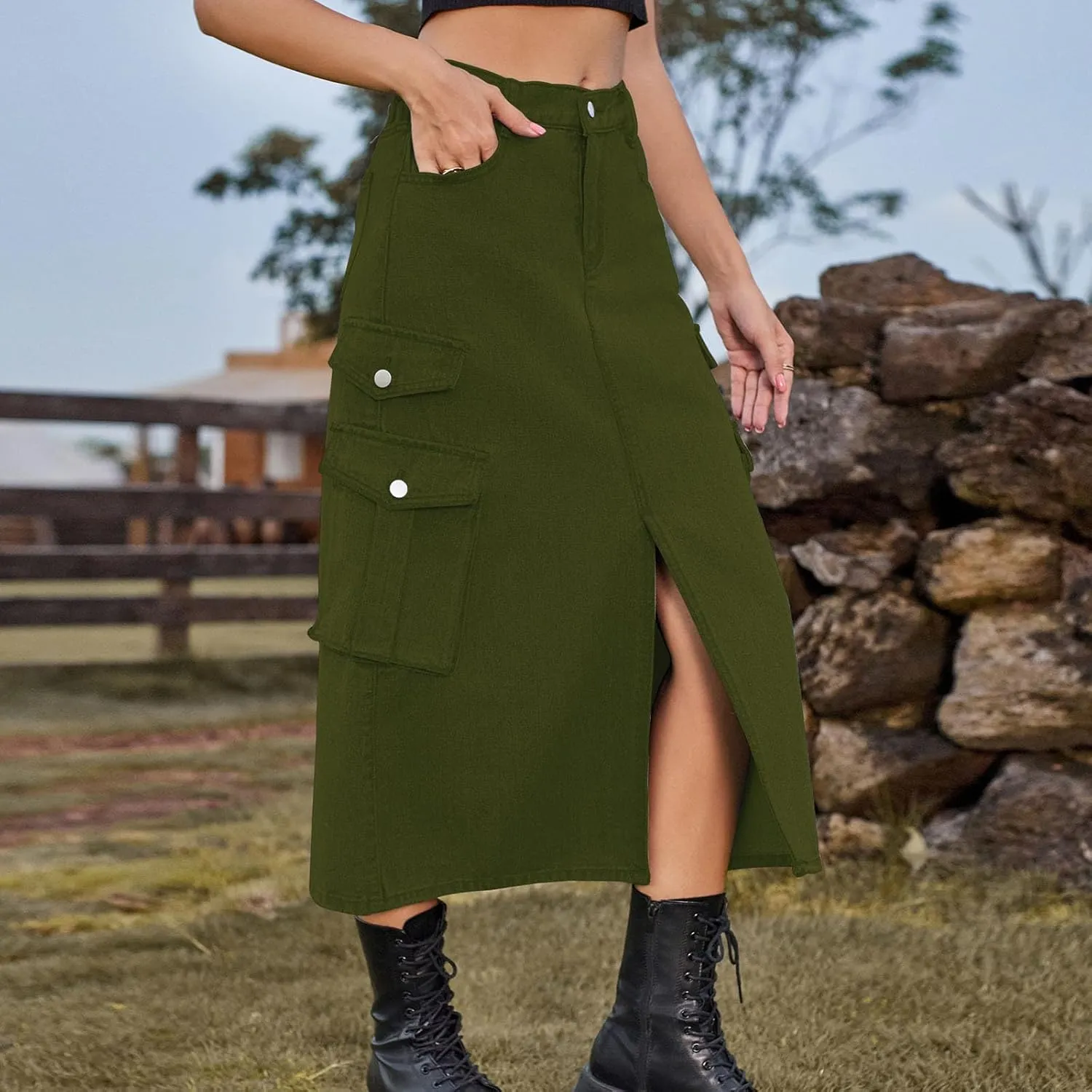 Midi Denim Skirt High Waisted Slit Casual Stretch Knee Length Jean Skirt for Womens Y2K Cargo Skirt with Pockets