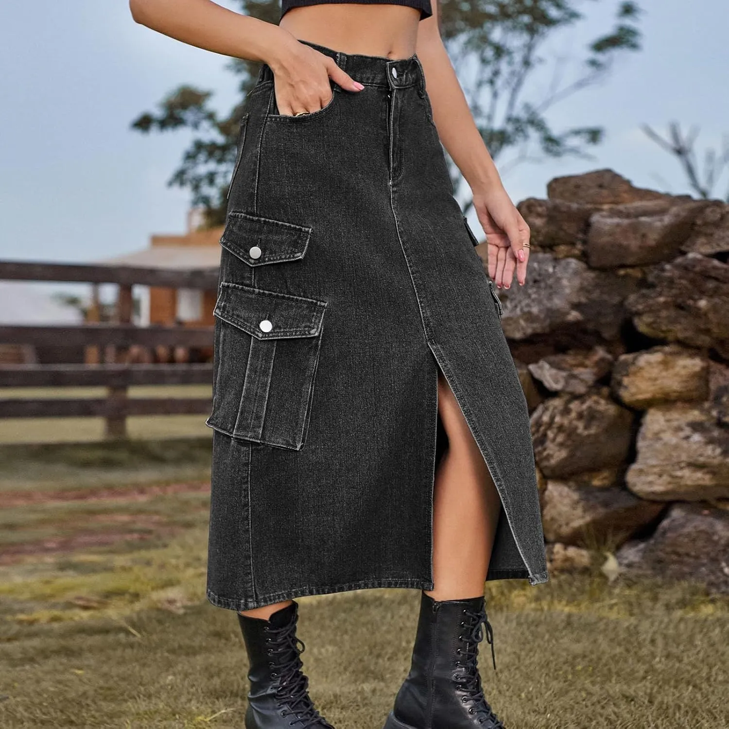 Midi Denim Skirt High Waisted Slit Casual Stretch Knee Length Jean Skirt for Womens Y2K Cargo Skirt with Pockets