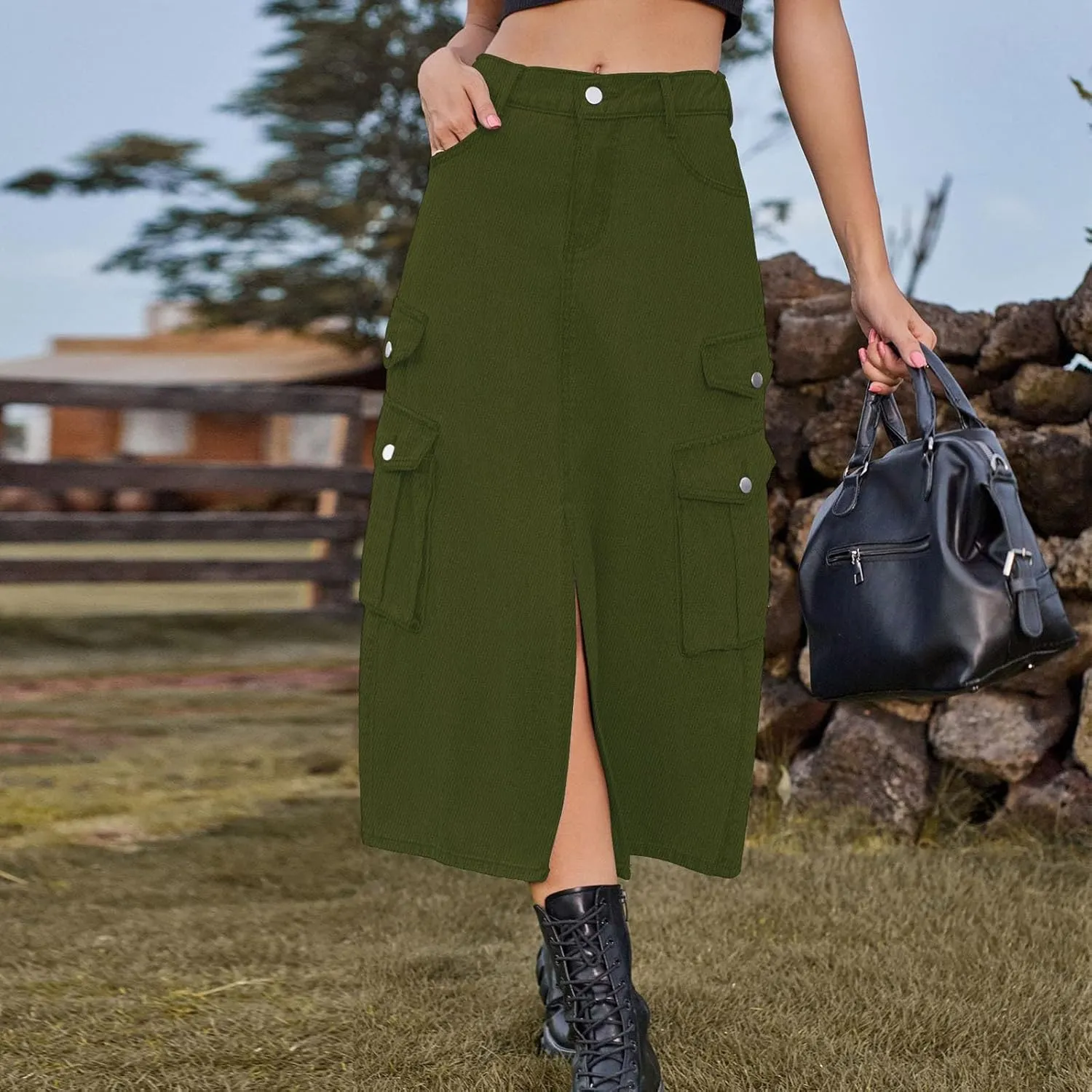 Midi Denim Skirt High Waisted Slit Casual Stretch Knee Length Jean Skirt for Womens Y2K Cargo Skirt with Pockets