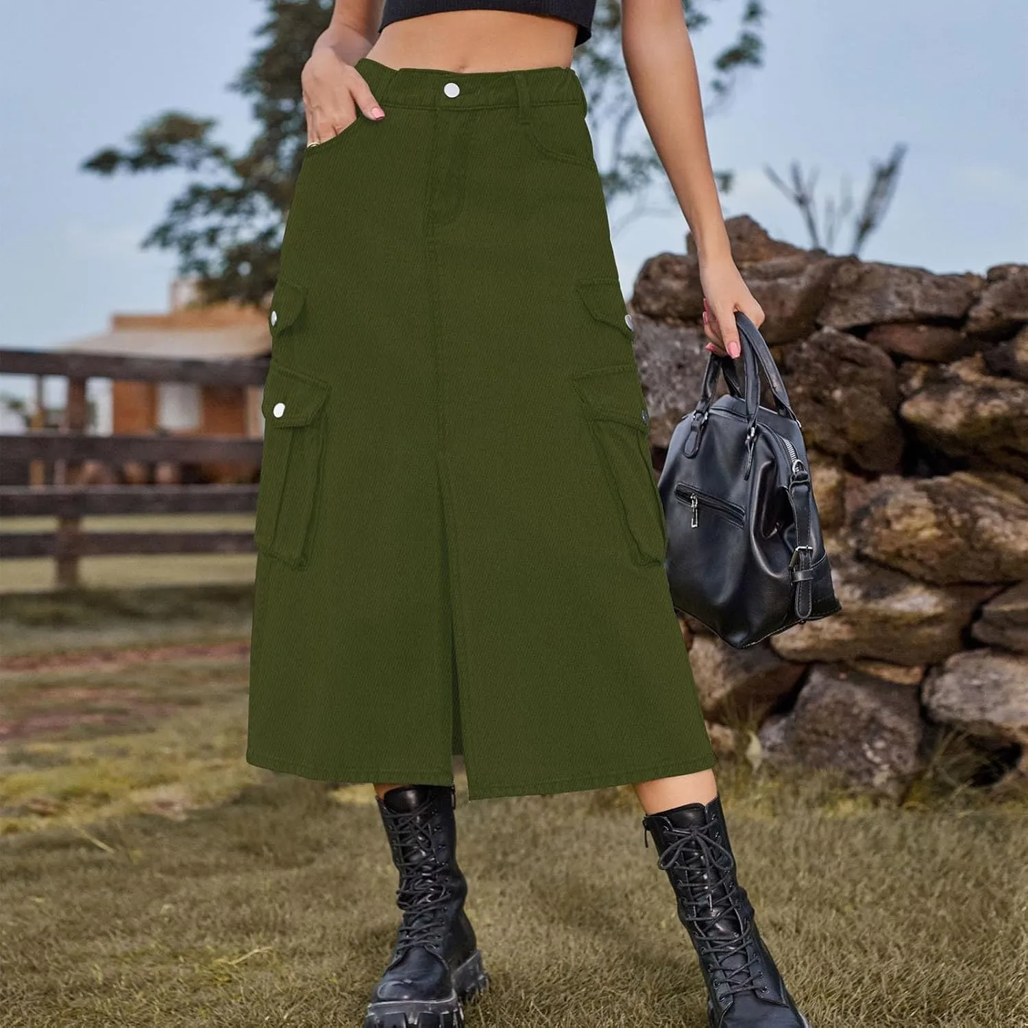 Midi Denim Skirt High Waisted Slit Casual Stretch Knee Length Jean Skirt for Womens Y2K Cargo Skirt with Pockets