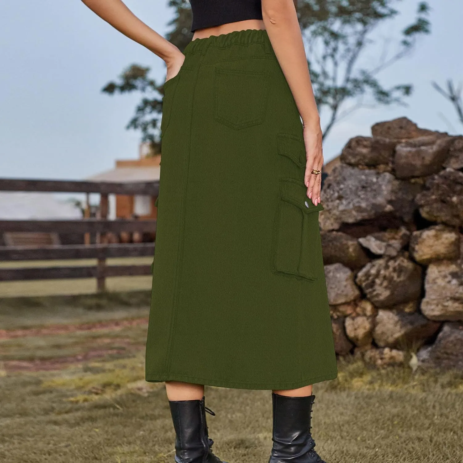 Midi Denim Skirt High Waisted Slit Casual Stretch Knee Length Jean Skirt for Womens Y2K Cargo Skirt with Pockets