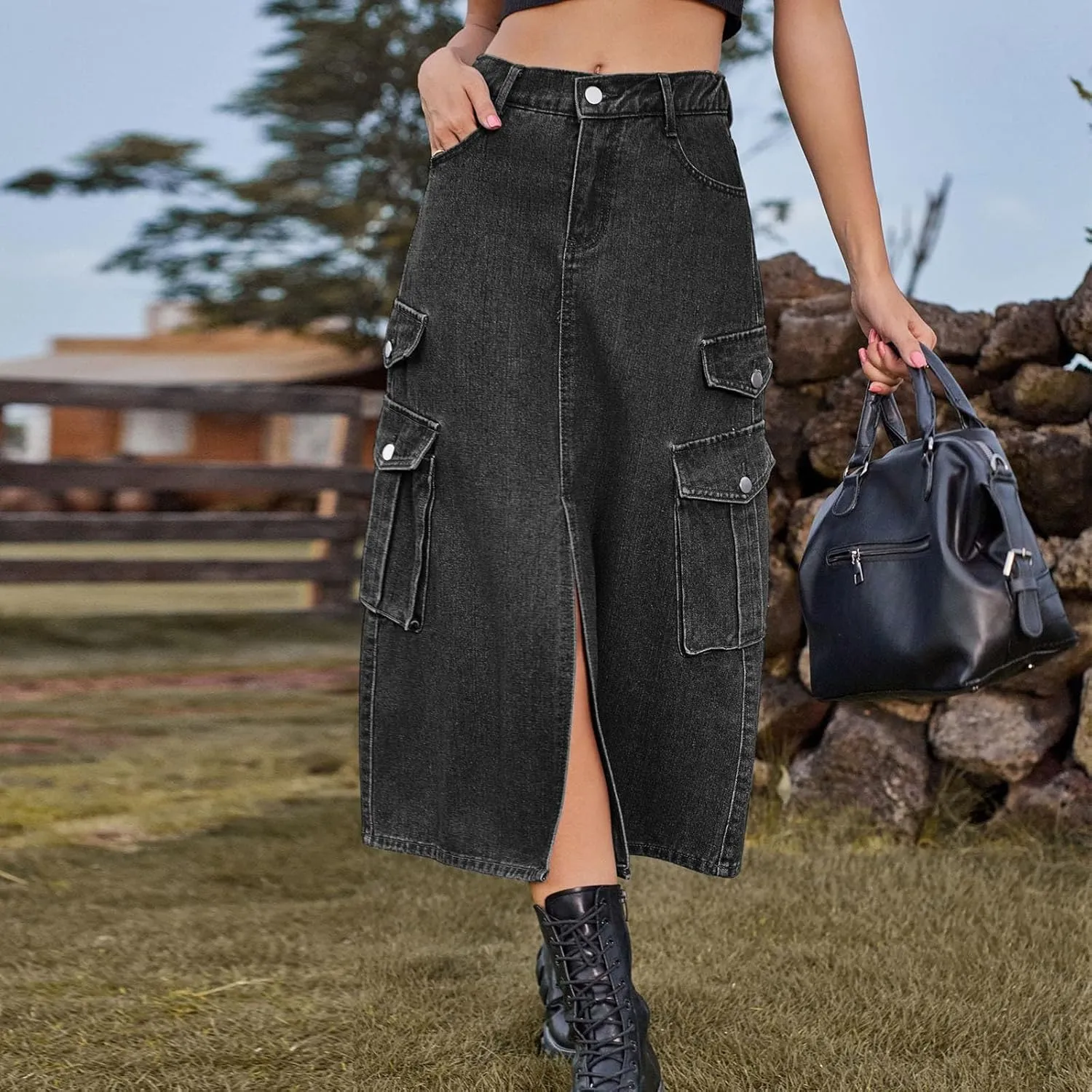 Midi Denim Skirt High Waisted Slit Casual Stretch Knee Length Jean Skirt for Womens Y2K Cargo Skirt with Pockets