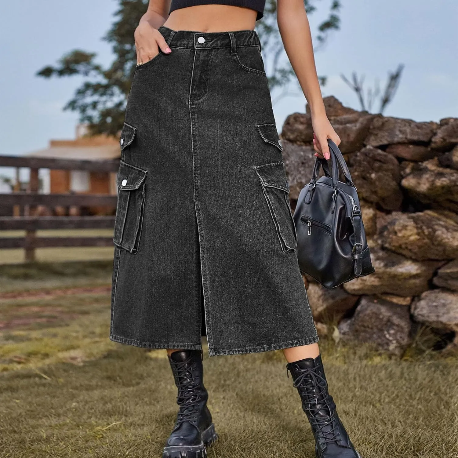 Midi Denim Skirt High Waisted Slit Casual Stretch Knee Length Jean Skirt for Womens Y2K Cargo Skirt with Pockets