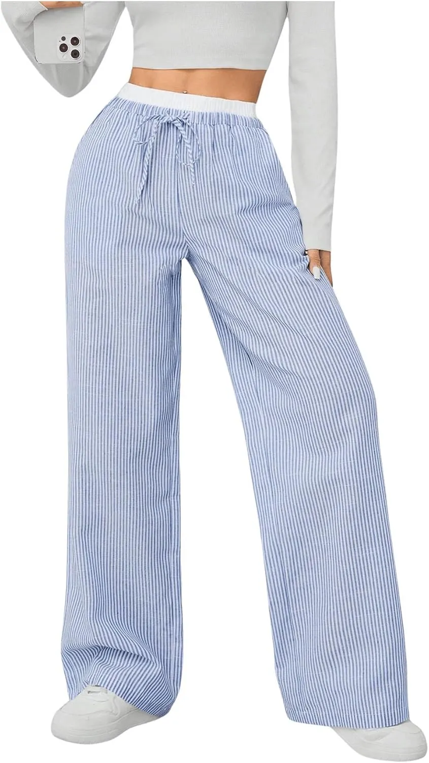Milumia Women's Striped Drawstring Wide Leg Pants Elastic High Waist Loose Trousers