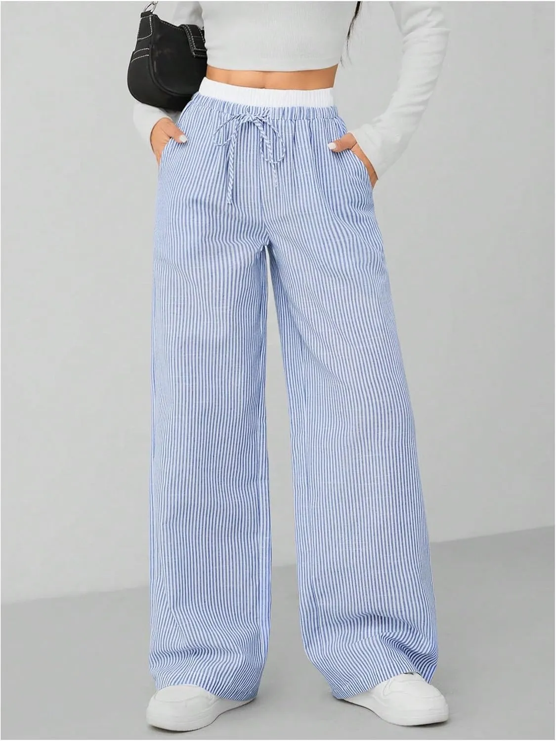 Milumia Women's Striped Drawstring Wide Leg Pants Elastic High Waist Loose Trousers