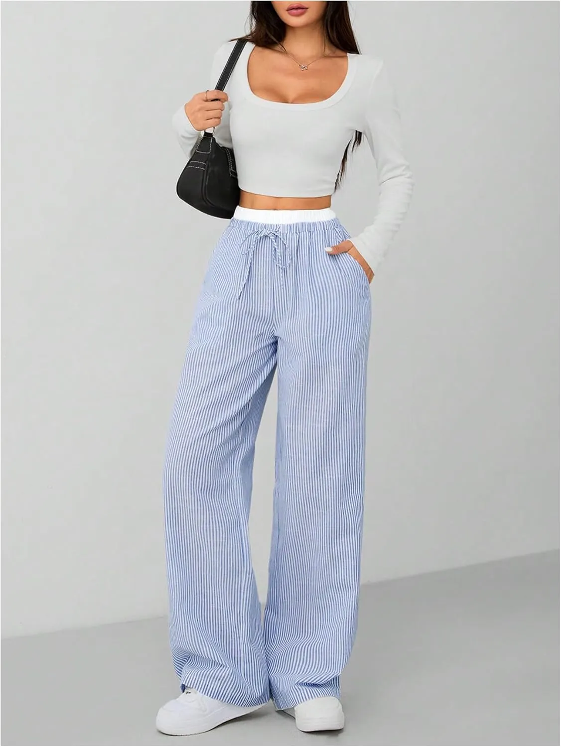 Milumia Women's Striped Drawstring Wide Leg Pants Elastic High Waist Loose Trousers