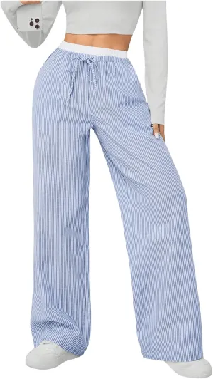 Milumia Women's Striped Drawstring Wide Leg Pants Elastic High Waist Loose Trousers