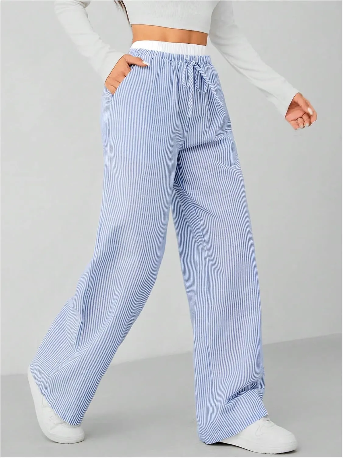 Milumia Women's Striped Drawstring Wide Leg Pants Elastic High Waist Loose Trousers