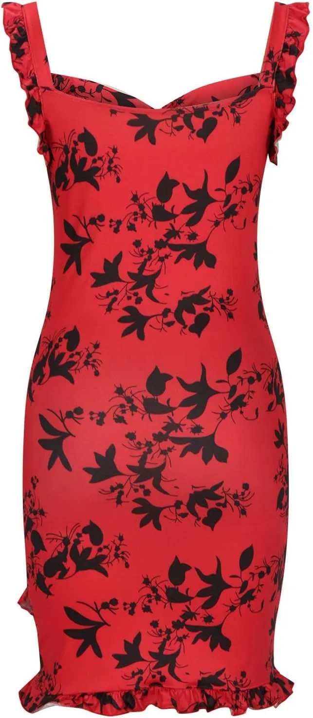 Mini Dresses for Women Sexy Summer Ruffle Sleeveless Slim Fit Party Club Dresses Floral Print v Neck Short Dresses