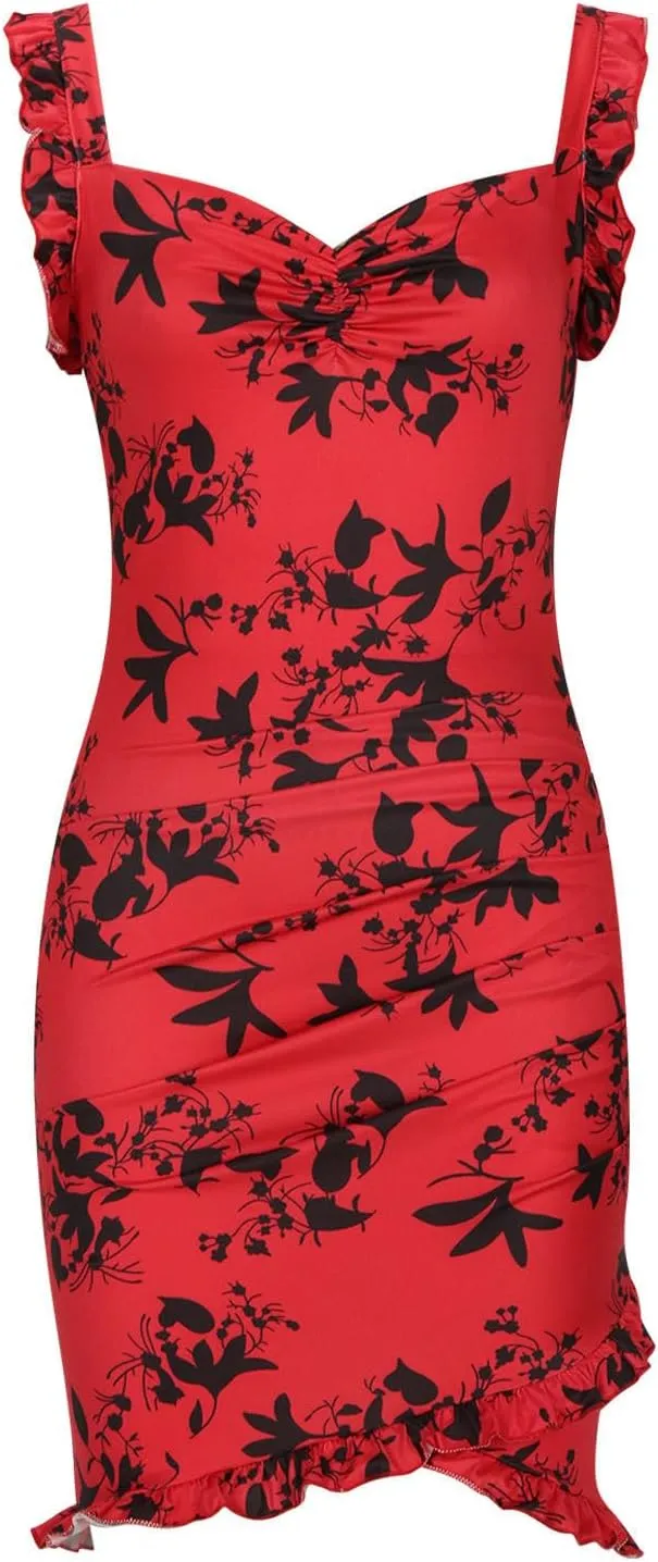 Mini Dresses for Women Sexy Summer Ruffle Sleeveless Slim Fit Party Club Dresses Floral Print v Neck Short Dresses
