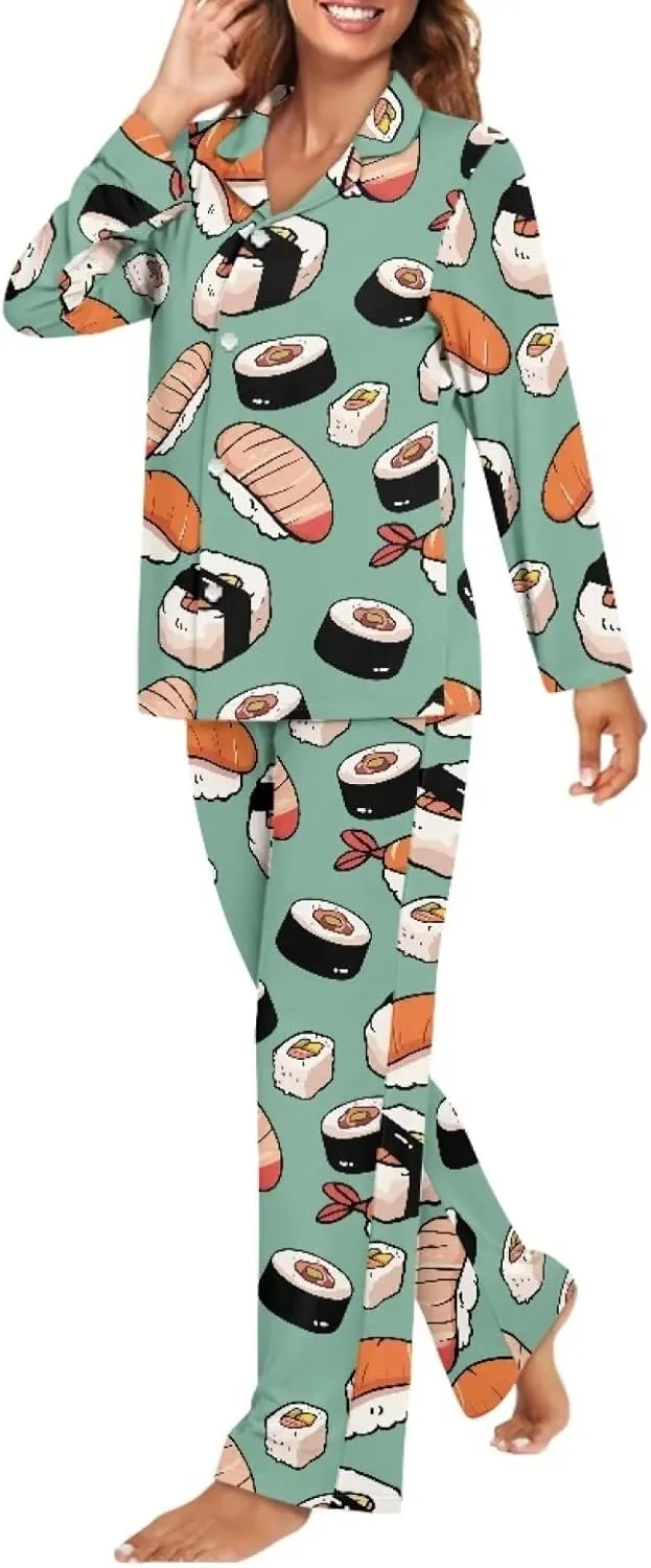 Modysero Pajamas Set for Women Button Up Sleepwear with Notch Collar Long Sleeve Pjs Set for Women Loungewear Set 2 Piece