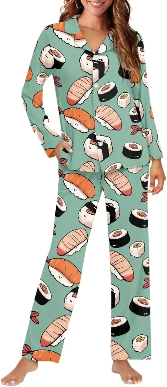 Modysero Pajamas Set for Women Button Up Sleepwear with Notch Collar Long Sleeve Pjs Set for Women Loungewear Set 2 Piece