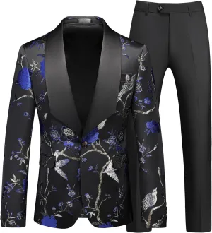 MOGU Mens 3 Piece Suit Slim Fit Tuxedo Floral Print Jacket Vest Pants Set for Wedding Prom Dinner