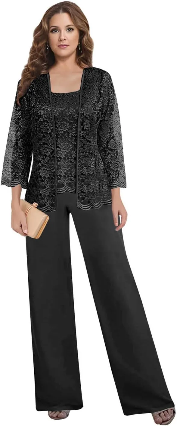 Mother of The Bride Pant Suits for Wedding Square Neck lace Chiffon 3-Piece Wedding Guest Outfit for Women