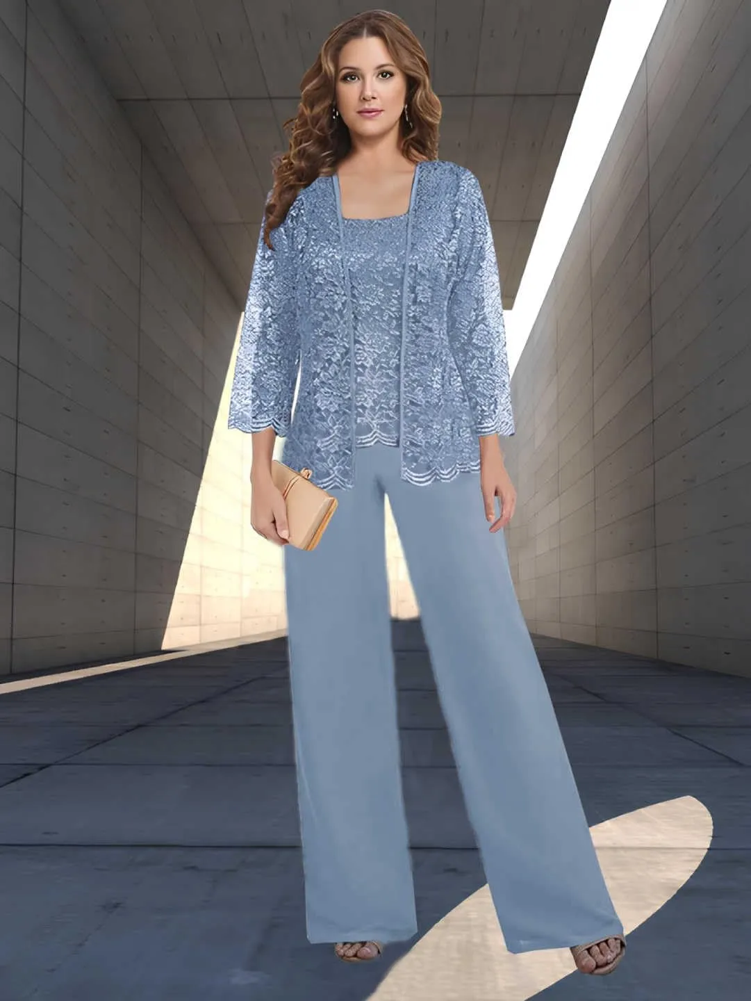 Mother of The Bride Pant Suits for Wedding Square Neck lace Chiffon 3-Piece Wedding Guest Outfit for Women