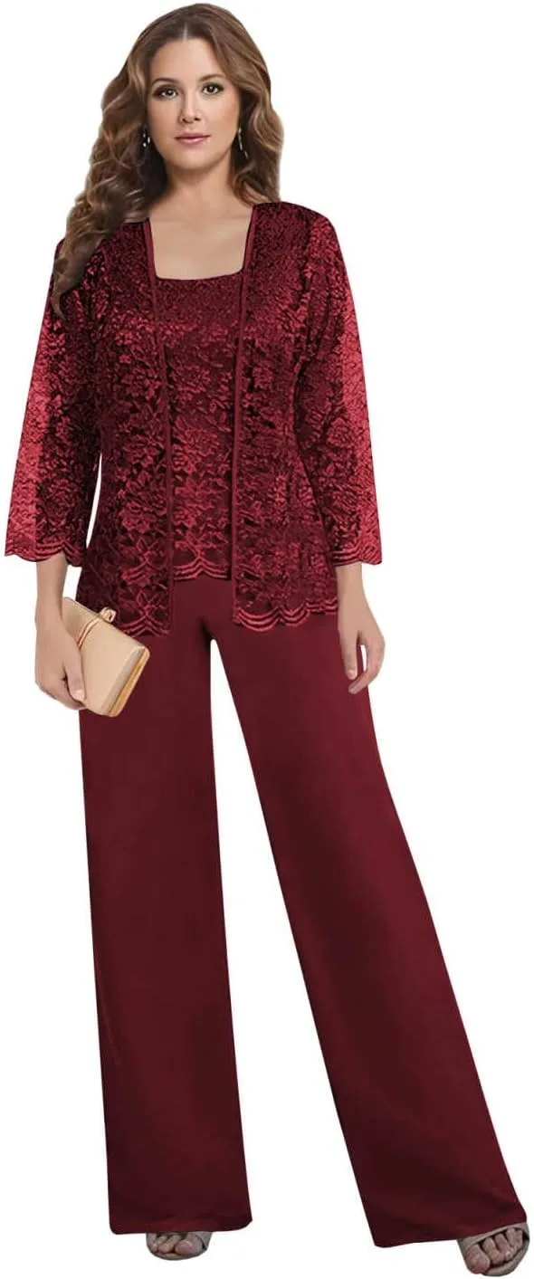Mother of The Bride Pant Suits for Wedding Square Neck lace Chiffon 3-Piece Wedding Guest Outfit for Women