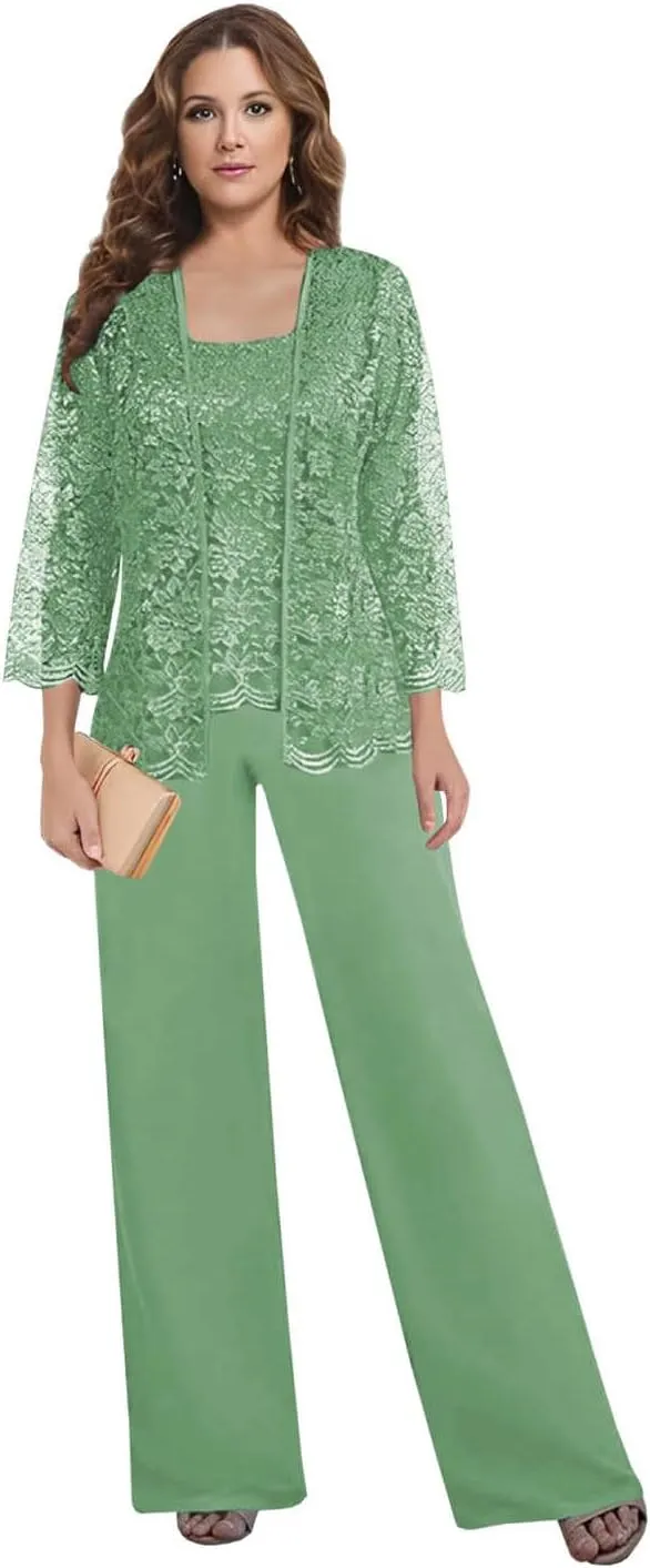 Mother of The Bride Pant Suits for Wedding Square Neck lace Chiffon 3-Piece Wedding Guest Outfit for Women