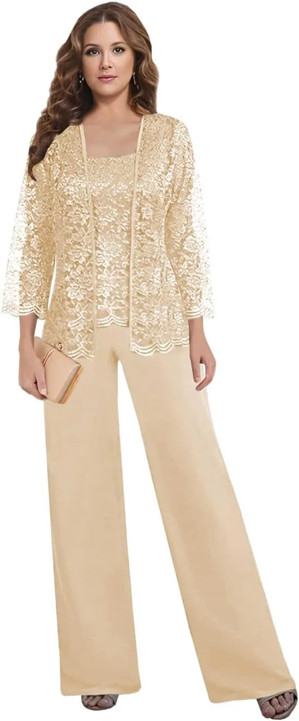 Mother of The Bride Pant Suits for Wedding Square Neck lace Chiffon 3-Piece Wedding Guest Outfit for Women
