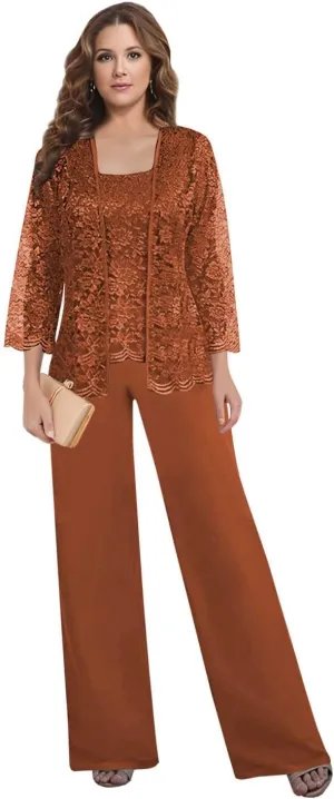Mother of The Bride Pant Suits for Wedding Square Neck lace Chiffon 3-Piece Wedding Guest Outfit for Women
