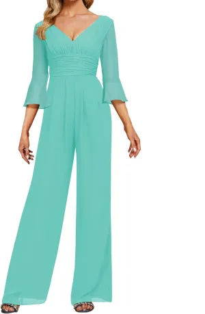 Mother of The Bride Pants Suits Dresses for Wedding Chiffon Long Formal Evening Gowns V-Neck Women's Jumpsuits