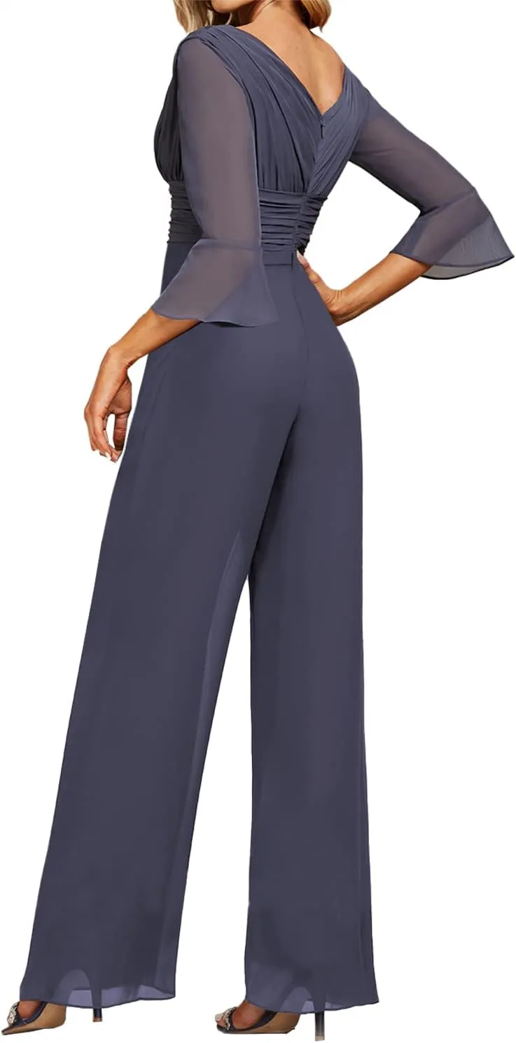 Mother of The Bride Pants Suits Dresses for Wedding Chiffon Long Formal Evening Gowns V-Neck Women's Jumpsuits