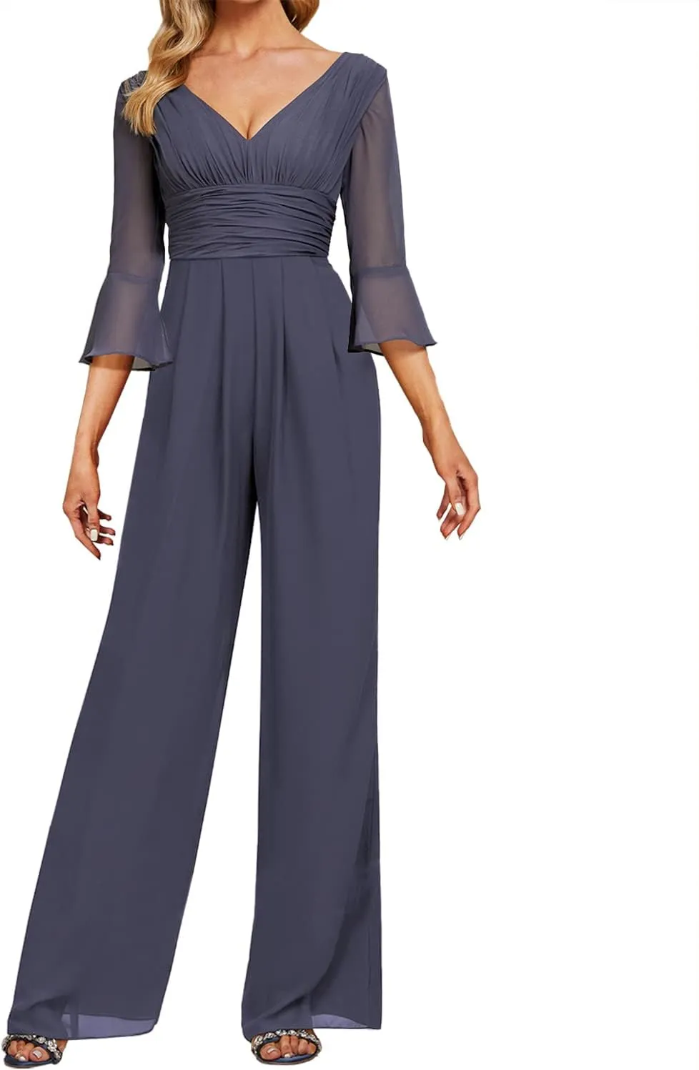 Mother of The Bride Pants Suits Dresses for Wedding Chiffon Long Formal Evening Gowns V-Neck Women's Jumpsuits