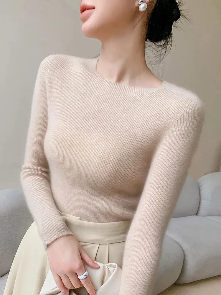 New Fashion Women's Slim O-neck Half-Sleeve Pullover Solid Color Merino Wool Sweater